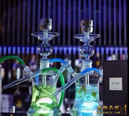 酒吧新宠带led遥控灯50厘米高双嘴全玻璃透明阿拉伯水烟壶,一些夜店